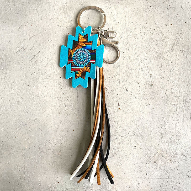 Wholesale 3pcs/pack Western Wind Aztec Leather Cow Tassel Keychain